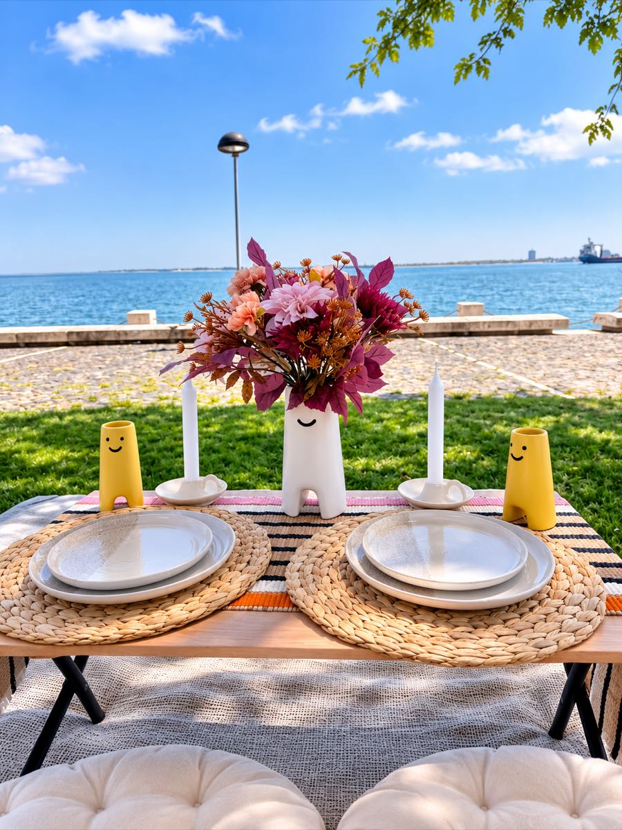 Mesa de piquenique posta com louça artesanal, velas e flores, com o mar em fundo